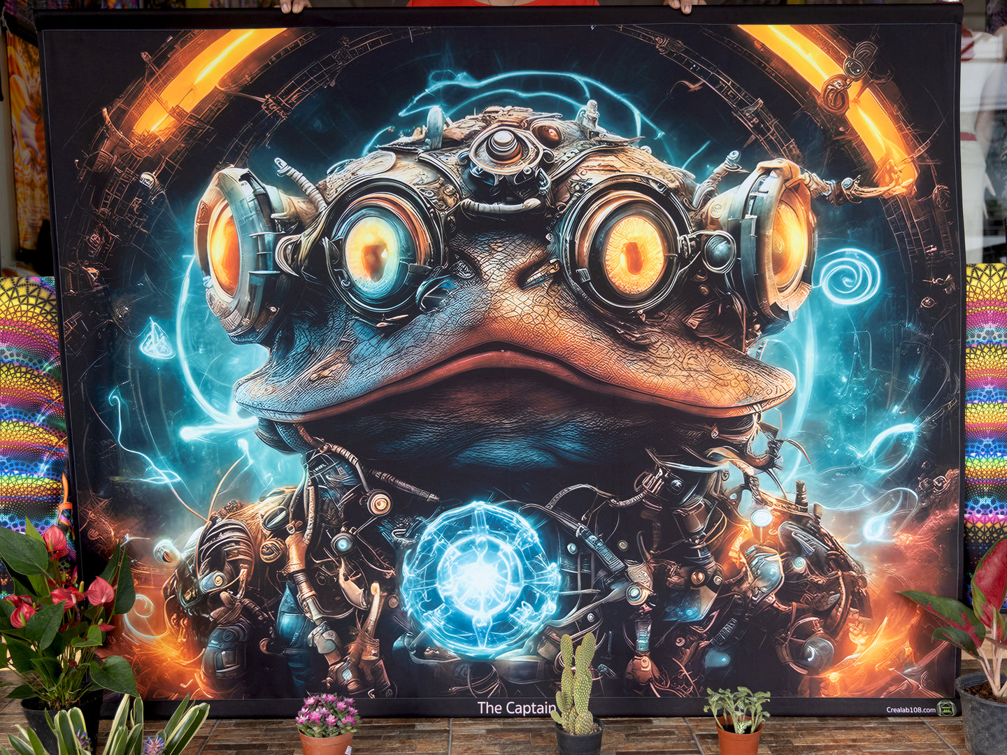 Psychedelic Buffo steampunk frog UV tapestry by Crealab108 koh Pha-ngan