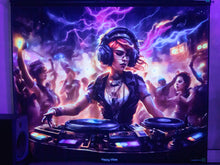 Load image into Gallery viewer, Lady DJ blast party artwork UV tapestry trippy wall hanging backdrop by Crealab108

