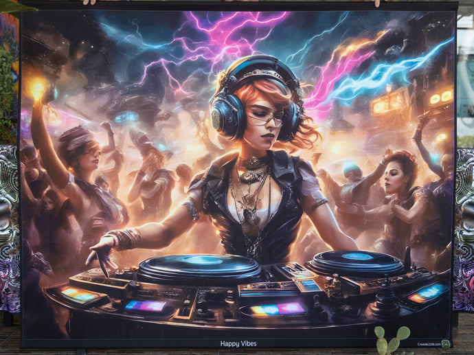 Lady DJ blast party artwork UV tapestry trippy wall hanging backdrop by Crealab108