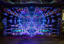 Load image into Gallery viewer, UV giant trippy psychedelic fractal tapestry backdrop wall hanging black light by Crealab108 koh Pha ngan home parties festival decor
