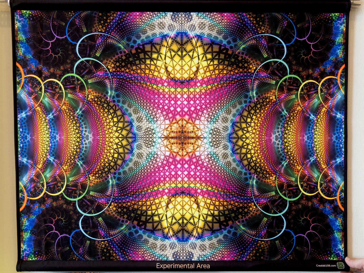 Experimental area UV trippy psychedelic decoration tapestry by Crealab108 Koh Phangan for festival and parties