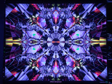 Load image into Gallery viewer, Mandala design with vibrant UV colors and geometric patterns on a dark background
