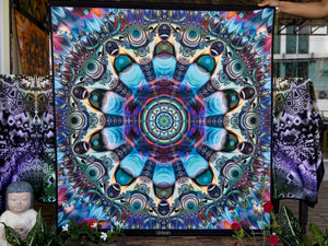 Unison SQ UV psychedelic trippy fractal and geometry tapestry by crealab108 Koh Pha Ngan wall hanging backdrop ultra violet festival home decor