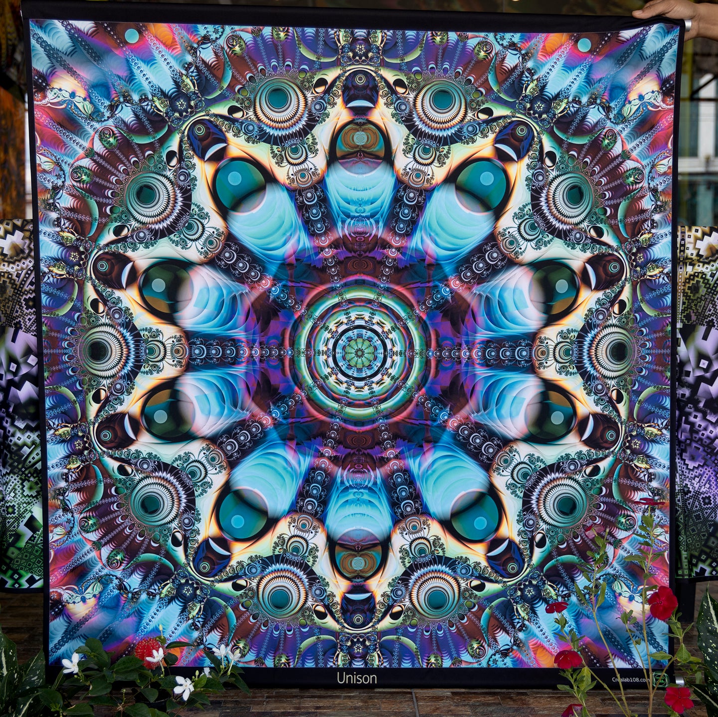 Unison SQ UV psychedelic trippy fractal and geometry tapestry by crealab108 Koh Pha Ngan wall hanging backdrop ultra violet festival home decor
