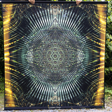 Load image into Gallery viewer, Golden Silver Psychedelic Sacred Geometry Fractal Mandala UV Tapestry
