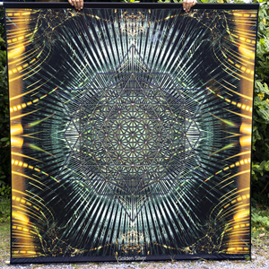 Golden Silver Psychedelic Sacred Geometry Fractal Mandala UV Tapestry