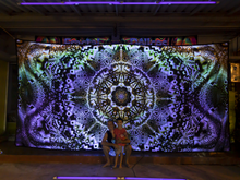 Load image into Gallery viewer, Giant UV Psychedelic fractal tapestry by Crealab108 Koh Phangan
