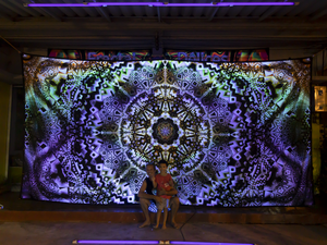 Giant UV Psychedelic fractal tapestry by Crealab108 Koh Phangan