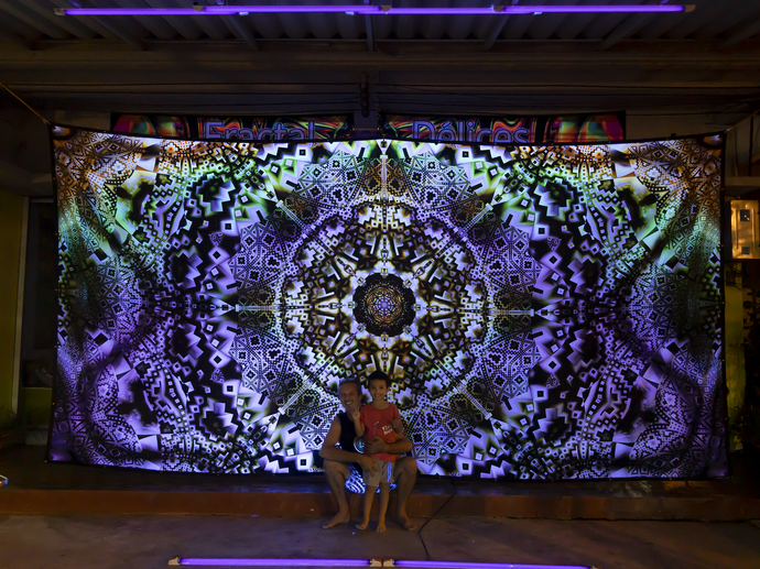 Giant UV Psychedelic fractal tapestry by Crealab108 Koh Phangan