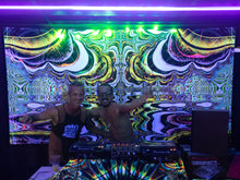 Load image into Gallery viewer, Changatrix UV trippy psychedelic decoration tapestry by Crealab108 Koh Phangan for festival and parties with PYR VAGOS and QSC sound system
