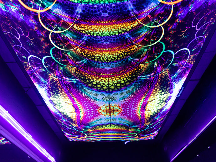 Experimental area UV trippy psychedelic decoration tapestry by Crealab108 Koh Phangan for festival and parties