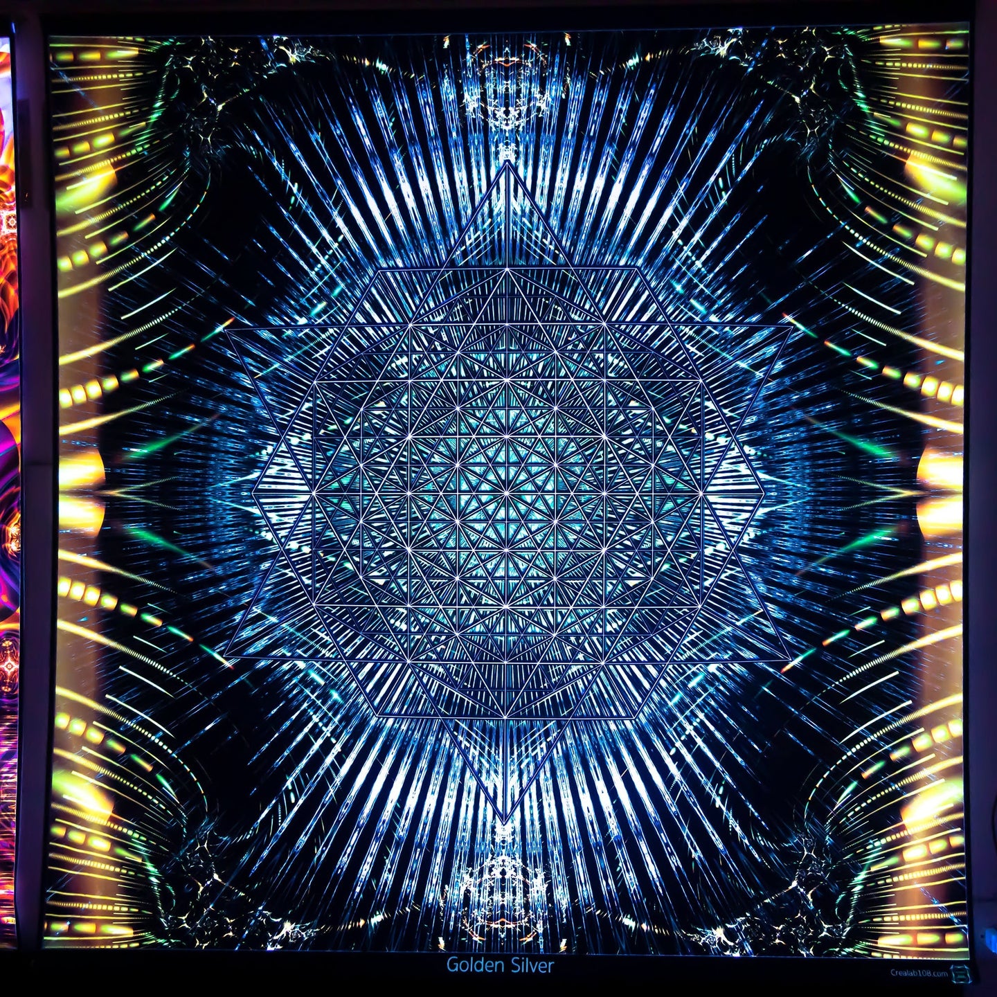 Golden Silver Psychedelic Sacred Geometry Fractal Mandala UV Tapestry - Crealab108